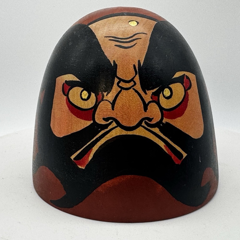 Japanese Daruma Kokeshi Folk Art Wooden Doll Brown Red Signed 3.25" Vintage